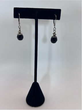 VTG Earrings Silver Tone Black Beaded Round Dangle Leverback Jewelry Fashion